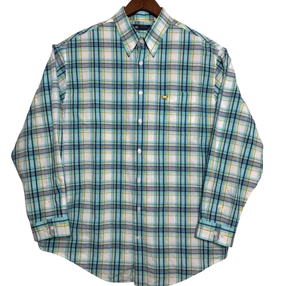 Jack Nicklaus Men's L Plaid Button‎ Down Long Sleeve Shirt Golf Aqua Yellow